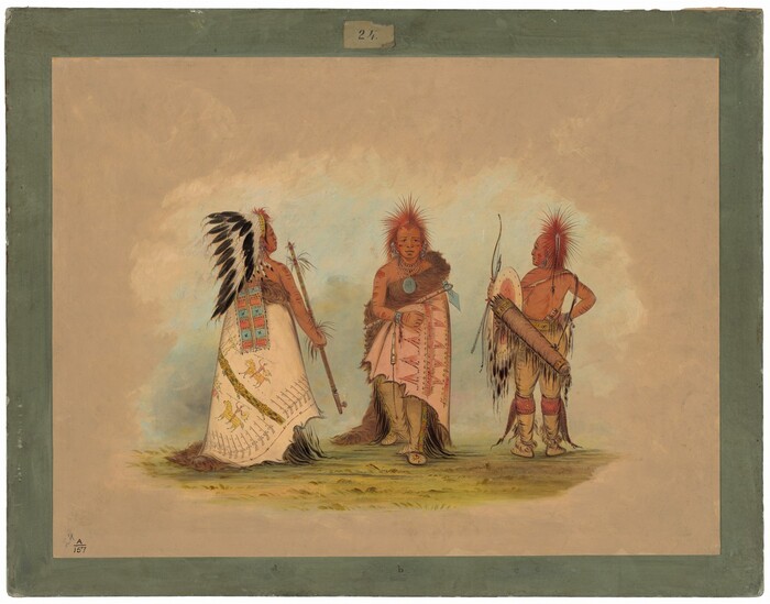 The image shows three individuals standing in full-length. The person on the left is holding a staff and wearing a feathered headdress and a robe with intricate designs. The central figure wears a robe fastened with a fur shawl, has a red mohawk hairstyle and holds a staff. The person on the right stands with a shield and a cylindrical object on their back. They all stand on a grassy patch with a light background, framed by a narrow pale green border.