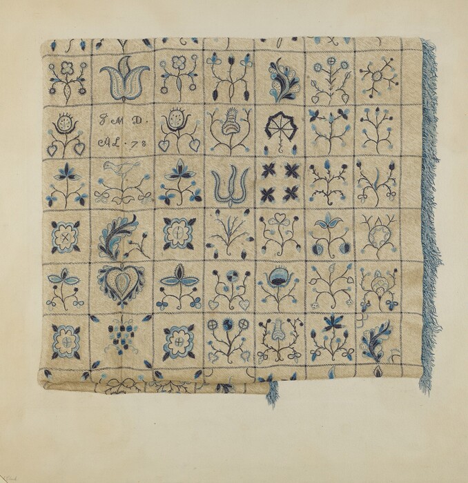 The image shows a square textile piece with a grid of embroidered designs featuring floral and decorative patterns. The color palette is primarily neutral with shades of blue for the embroidery details. The fabric is laid flat and appears slightly puckered in places, with a fringe running along the right edge. The embroidered design consists of individual squares, each containing a unique motif, arranged neatly across the fabric surface.