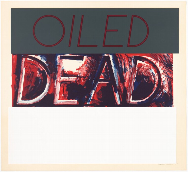 The image shows large letters "DEAD" painted in a chaotic style with red, blue, and black streaks. Above is the word "OILED" displayed in a linear style on a dark rectangle. The elements resemble billboards or street signs with bold typography and color contrast.