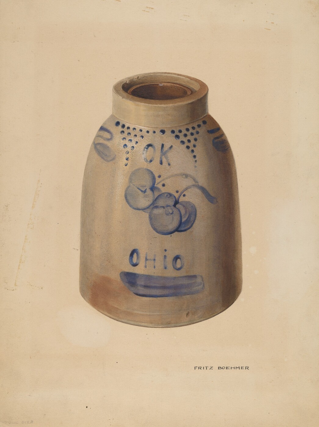The image shows a large cylindrical pottery jug with blue decorative patterns, including the words "OK" and "Ohio," and an image of fruit. The color palette is earthy beige and blue. The jug is centered in the image with "FRITZ BOCHEMER" printed below it.