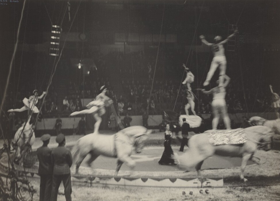 This is a photograph of a circus performance. The image shows several acrobats and horses in a circus ring. The acrobats are balancing on and jumping from horses moving in a circular motion. The scene is set in a large indoor venue with an audience visible in the background. The photograph has a slightly blurred effect, suggesting motion and energy. The focus is on both the performers and the horses.