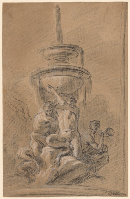 This is a drawing of a group of figures arranged around a central structure resembling a fountain. The composition includes several muscular figures with dynamic poses, with one figure playing a trumpet or horn. One figure is extending an arm upwards. The figures are seated on what appears to be a cloud or rock formation. The drawing is rendered in pencil or charcoal with shading to bring out the volume and form of the figures against a lightly toned background. Highlights and shadows give a three-dimensional effect.