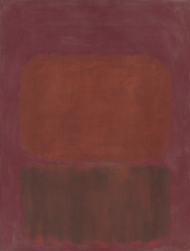 Rectangular fields of pale burnt orange and sage green hover at the center of the composition against a muted mauve-purple background in this vertical abstract painting. The larger horizontal orange rectangle is stacked over the green, and they are separated by a narrow strip of the fuchsia background. The edges of the rectangles are soft and the fields of color are mottled. The green paint seems to have been applied over an area of fire orange, and the orange surfaces in some places, especially along the bottom edge of the green shape.