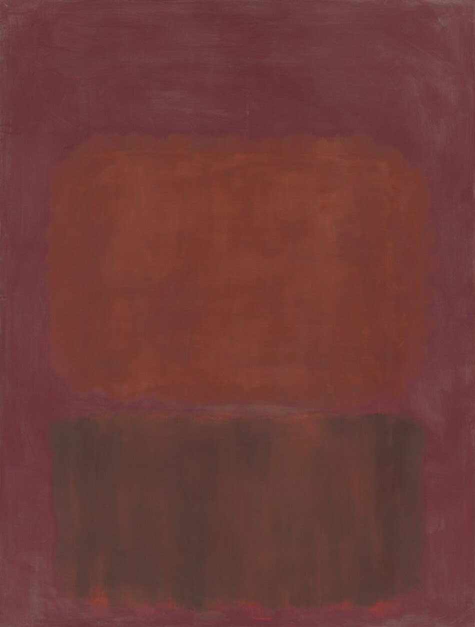 Rectangular fields of pale burnt orange and sage green hover at the center of the composition against a muted mauve-purple background in this vertical abstract painting. The larger horizontal orange rectangle is stacked over the green, and they are separated by a narrow strip of the fuchsia background. The edges of the rectangles are soft and the fields of color are mottled. The green paint seems to have been applied over an area of fire orange, and the orange surfaces in some places, especially along the bottom edge of the green shape.