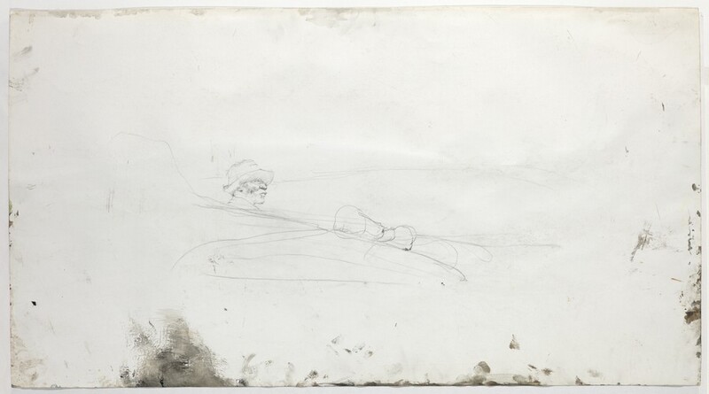 A sketch of the profile of a man on the far side of a tubular shape is at the center of this horizontal sheet. The man’s face is shaded to show the planes of his high cheekbones and full lips. He wears a floppy, brimmed hat. The space around him has a few lines to indicate a hill in the distance and the volume of the object behind which he is shown. Some strokes and dabs of ash-gray are along the bottom and right edges of the sheet.