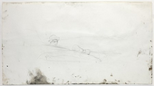 A sketch of the profile of a man on the far side of a tubular shape is at the center of this horizontal sheet. The man’s face is shaded to show the planes of his high cheekbones and full lips. He wears a floppy, brimmed hat. The space around him has a few lines to indicate a hill in the distance and the volume of the object behind which he is shown. Some strokes and dabs of ash-gray are along the bottom and right edges of the sheet.