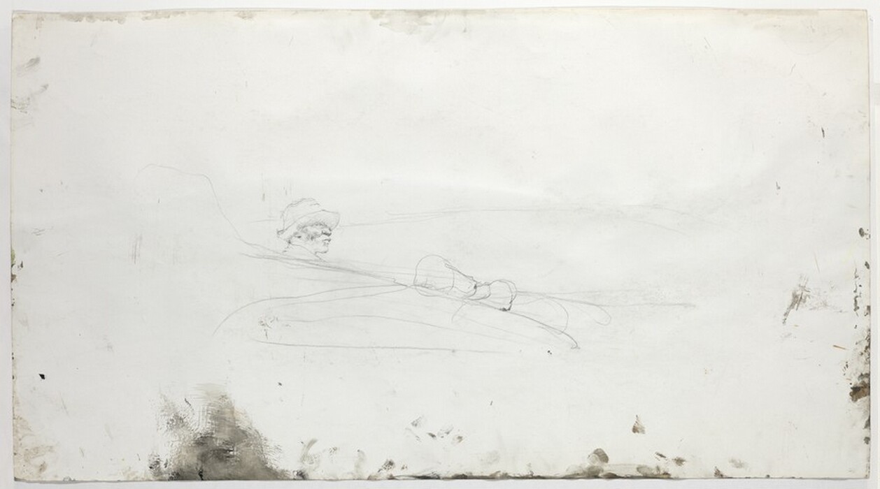 A sketch of the profile of a man on the far side of a tubular shape is at the center of this horizontal sheet. The man’s face is shaded to show the planes of his high cheekbones and full lips. He wears a floppy, brimmed hat. The space around him has a few lines to indicate a hill in the distance and the volume of the object behind which he is shown. Some strokes and dabs of ash-gray are along the bottom and right edges of the sheet.
