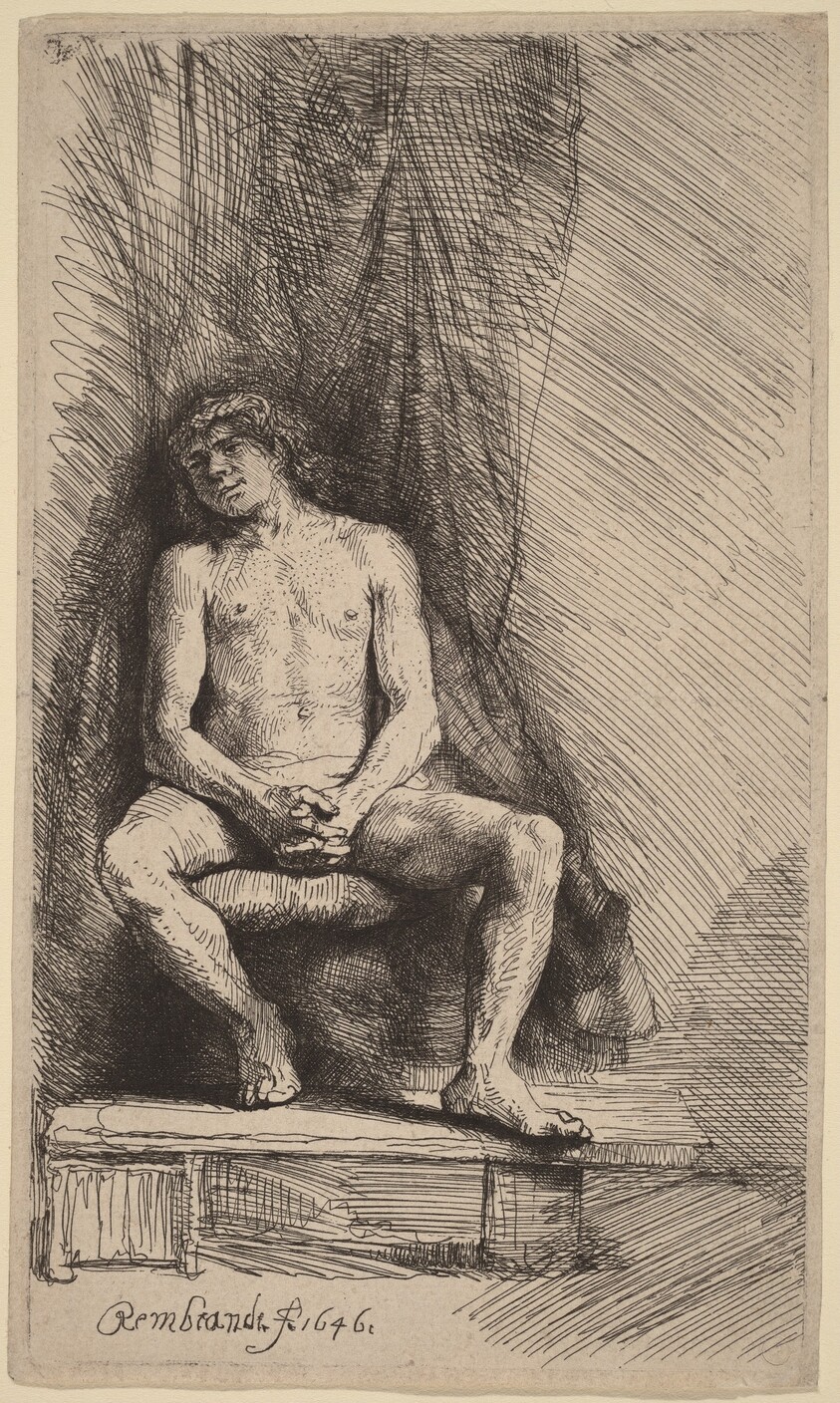 Nude Man Seated before a Curtain