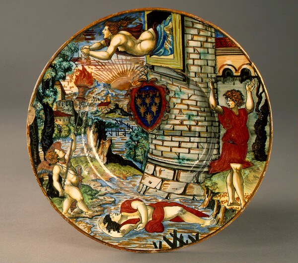 Plate with Hero leaping to her death from her tower and the drowned Leander; in the center, a shield of arms