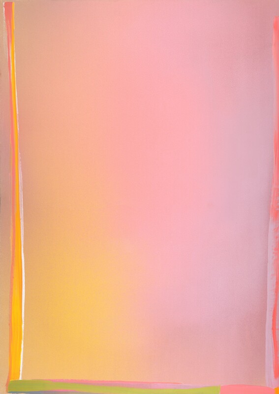 A field of mostly rose pink shifts to canary yellow along the left third of this vertical, abstract painting. Most of the painting is blended so it looks almost like colored mist. Visible brushstrokes line the sides and bottom edges of the canvas. Along the left edge are three thin strokes in carnation pink, harvest yellow, and white. Along the bottom are streaks of leaf green, carnation pink, and slate blue. To the right are hot pink and lilac purple.