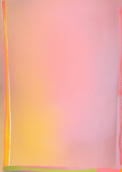 A field of mostly rose pink shifts to canary yellow along the left third of this vertical, abstract painting. Most of the painting is blended so it looks almost like colored mist. Visible brushstrokes line the sides and bottom edges of the canvas. Along the left edge are three thin strokes in carnation pink, harvest yellow, and white. Along the bottom are streaks of leaf green, carnation pink, and slate blue. To the right are hot pink and lilac purple.
