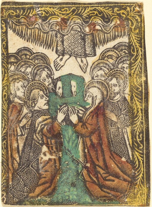 This is a painting depicting a group of figures surrounded by halos, gesturing towards a central point where hands and feet are visible. The figures wear robes with intricate patterns, and are enclosed by a border with floral motifs in gold tones. The style is reminiscent of medieval or early Renaissance religious art.