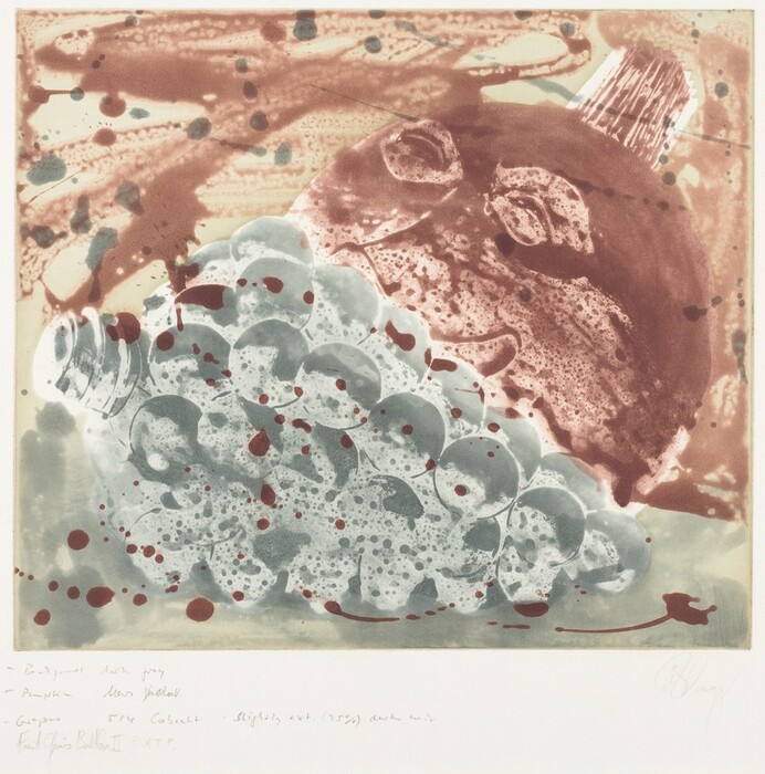 The image shows round, bubble-like shapes in the foreground linked with textured lines and splatters. The composition consists of layers of spherical forms in overlapping patterns. Above them, a large, reddish-brown circular form with a faintly detailed surface is present. The background features swirling, earthy colors, creating a sense of movement and depth.