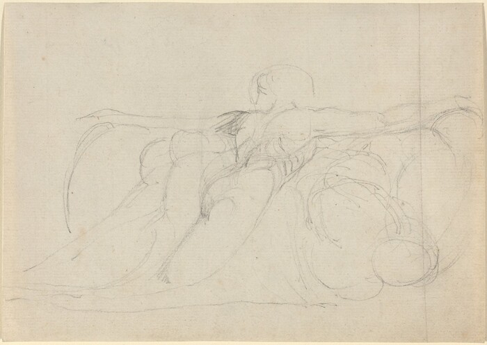 The image is a sketch of a person in a reclining position. The individual is facing away from the viewer, with their right arm extended outward and the left arm barely visible. Facial features are not detailed, and the person's hair is of medium length with strands falling to the sides. The clothing is not clearly defined, blending with the swirling lines in the drawing. The sketch is simple, lacking visible jewelry or objects. The background consists of unadorned, textured paper.