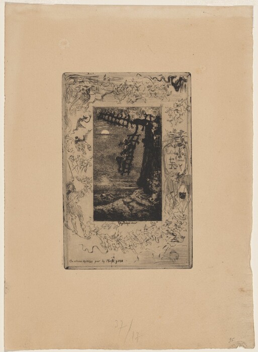 The image is a black and white etching depicting a detailed, surreal scene framed by intricate drawings. The perspective is from ground level, offering a straight-on view. In the central scene, a pathway lined with jagged trees leads to a sun on the horizon. The etching style uses fine lines and hatching to create texture and shadow for the landscape and tree silhouettes. The frame surrounding the central scene features whimsical sketches of creatures and figures. The color palette is monochromatic, contrasting black ink with the pale background paper.