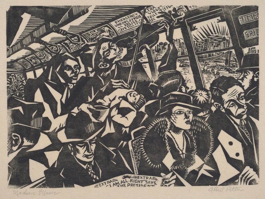 This is a drawing of an interior scene in a public transportation vehicle. The image is created in an expressionist style, showing a crowd of figures inside what appears to be a train or subway car. The composition is dense and dynamic, with strong black and white contrasts and angular lines dominating the visual narrative. Advertisements are shown above the passengers, with text including phrases like "EMERGENCY MEN" and "GIVE THEM TOILET ISSUES." Through the windows, a stylized cityscape can be seen, with rays breaking through the urban setting. The scene feels bustling and crowded, conveying a sense of motion and tension characteristic of life in an industrialized city.