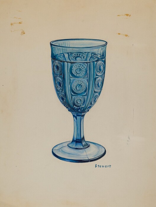 The image shows a drawing of a transparent blue goblet with circular patterns on the bowl, set on an off-white background. The goblet is positioned centrally with the base at the bottom edge. It has a slender stem and a wide bowl with circular motifs. The name "Stewart" is written in small blue letters at the lower right of the goblet.