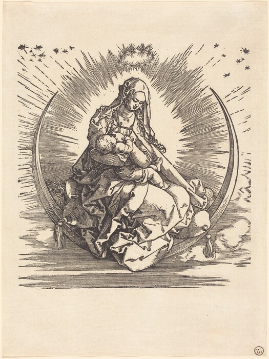 The image shows a woman seated on a crescent moon, holding and nursing a baby. She has delicate facial features, her hair partially covered by a draped veil. Her clothing is detailed with layers of fabric. A halo of stars encircles her head, with rays of light radiating outwards. The sky is filled with small stars and clouds.