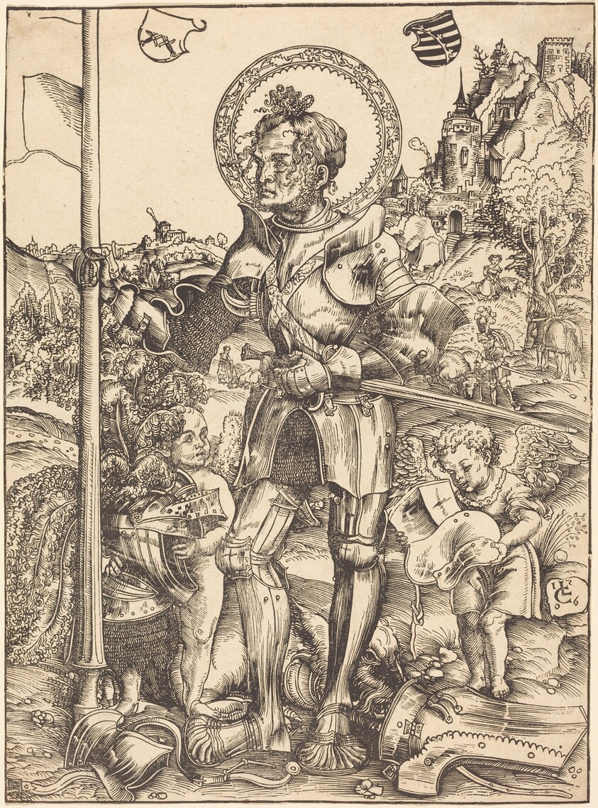 Saint George Standing, with Two Angels