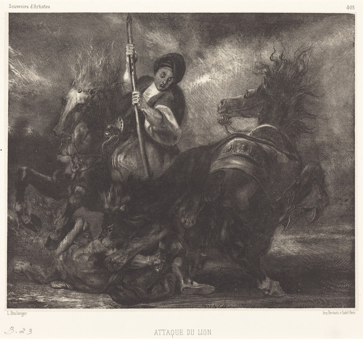 This is an image showing two horses confronting a lion. One horse shows alarm and movement, while the other horse is in a tense stance. A person is depicted holding a spear and defending against the lion. The horses have dynamic poses with flowing manes, conveying a sense of action. The scene has high contrast and detailed textures, creating a vibrant atmosphere. The artist has depicted the encounter with careful shading and line work, capturing the dramatic moment.