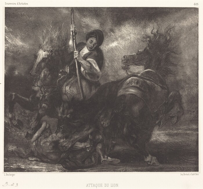 This is an image showing two horses confronting a lion. One horse shows alarm and movement, while the other horse is in a tense stance. A person is depicted holding a spear and defending against the lion. The horses have dynamic poses with flowing manes, conveying a sense of action. The scene has high contrast and detailed textures, creating a vibrant atmosphere. The artist has depicted the encounter with careful shading and line work, capturing the dramatic moment.