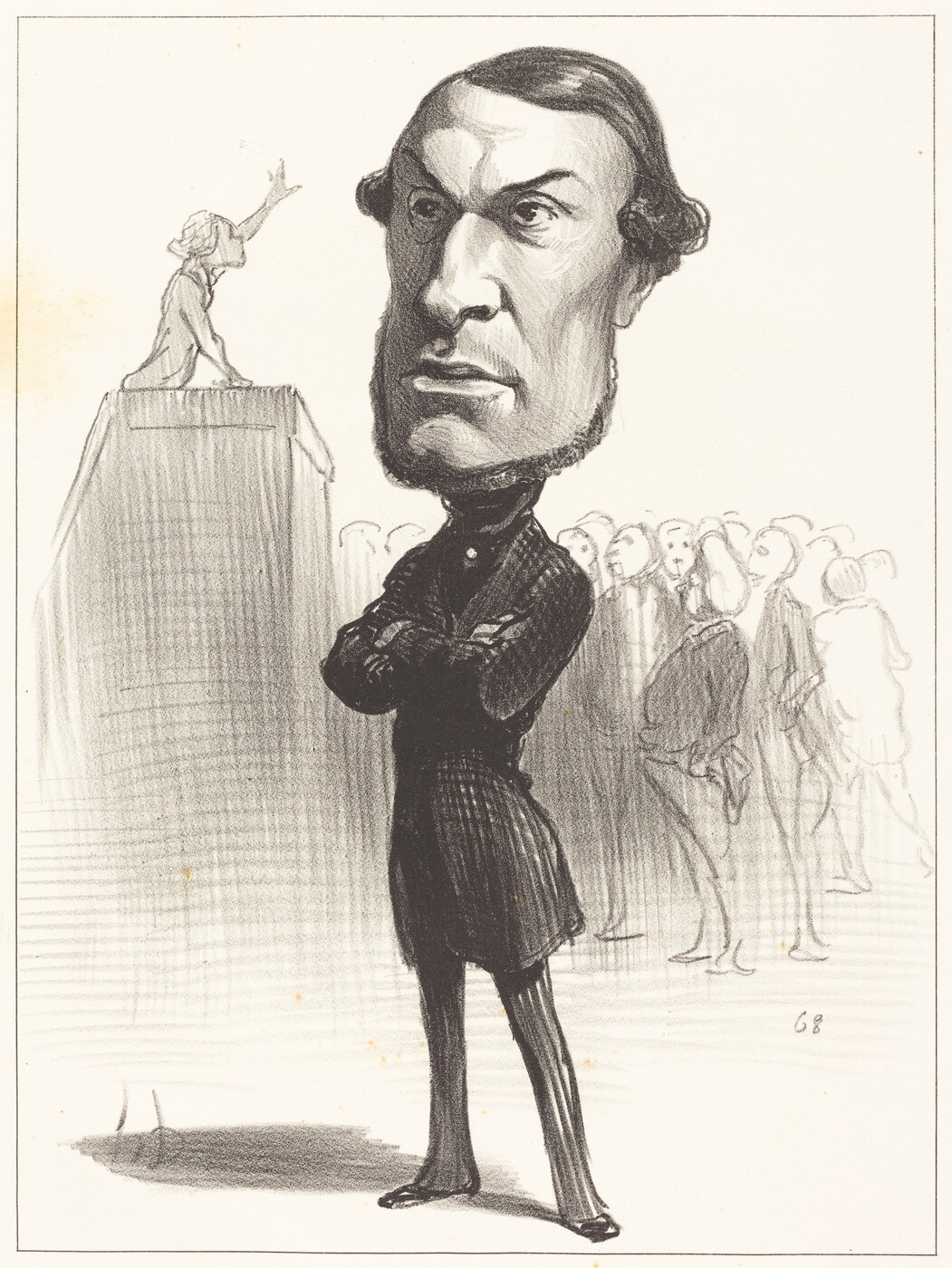 The illustration features a man with an exaggeratedly large head standing upright with his arms crossed over his chest. The man has a serious expression, dark, slicked-back hair, and is dressed in a dark, long coat with matching pants and shoes. In the background, there are faint outlines of multiple people and a figure on a podium or platform. The background is sketched with loose, light lines suggesting depth and perspective.