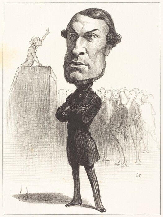 The illustration features a man with an exaggeratedly large head standing upright with his arms crossed over his chest. The man has a serious expression, dark, slicked-back hair, and is dressed in a dark, long coat with matching pants and shoes. In the background, there are faint outlines of multiple people and a figure on a podium or platform. The background is sketched with loose, light lines suggesting depth and perspective.