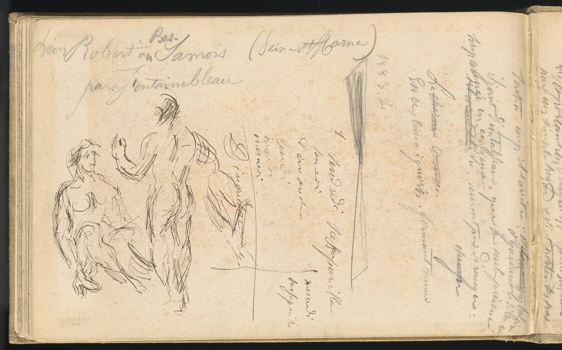 The image shows a sketch within a notebook. The drawing depicts rough outlines of two human-like figures in informal poses, one seated and one standing with their back turned. The lines are simple and spontaneous, conveying movement and form with minimal detail. The figures are surrounded by handwritten notes in cursive, possibly annotations or reflections related to the drawing. The page has an aged appearance, suggesting use as a sketchbook or journal for recording ideas and observations.