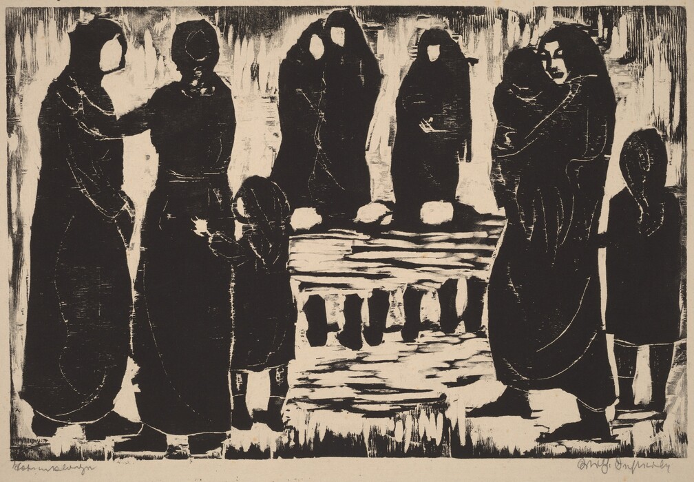 The image depicts a group of cloaked figures surrounding an object in the center. It is created with bold black and white contrasts, giving it a stark appearance. The figures are rendered in heavy black, standing out against the white background. The composition is somber and conveys a sense of mystery or gravity.