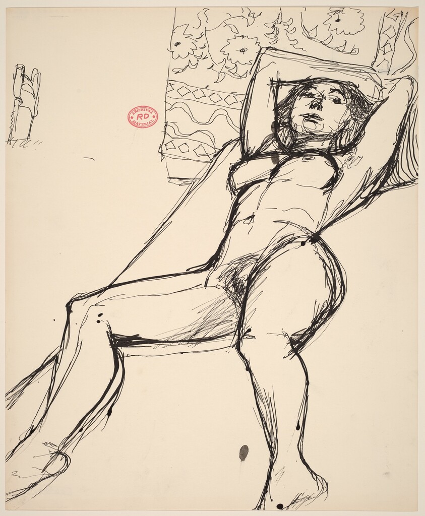 Untitled [reclining female nude before a patterned backdrop]