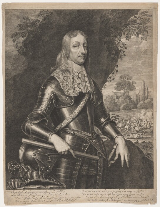 The image shows a man standing with his left arm resting on a helmet and his right hand holding a staff. He has shoulder-length wavy hair and a serious expression. He wears intricate armor, a lace collar, a bracelet on his left wrist, and a sash across his chest. The background shows a pastoral landscape with soldiers on horseback in the sky.