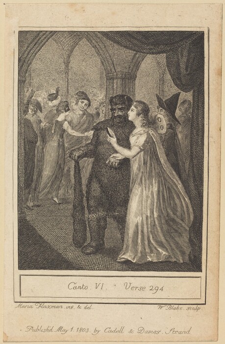 This is a drawing of an interior scene with multiple figures. It depicts a gathering of figures within an ornate architectural setting. In the foreground are two figures: one in a bear-skin garment and the other in a flowing dress. Behind them, more figures engage in conversation. The background features large archways, suggesting a grand hall. The linework captures fabric and surface textures, enhancing the detailing of the space and its occupants.