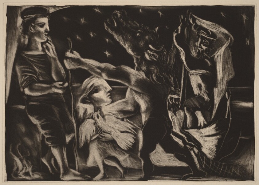 Blind Minotaur Led by Marie-Thérèse with a Dove in a Starry Night (Minotaure aveugle guidé par Marie-Thérèse au pigeon dans une nuit étoilée)