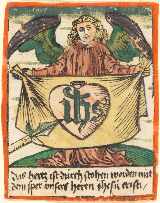 This is a drawing of an angel holding a banner with a heart symbol. The image features a central figure with curly hair and wings, dressed in robes. The figure holds a banner with a large heart with the letters "IHS" inscribed on it, pierced by an arrow. There is text at the bottom in an old style of script. The background includes elements suggestive of an ethereal or heavenly setting, such as clouds and a border. The style of the artwork appears to have a religious or spiritual theme, reminiscent of illustrations from historical or medieval texts, with muted and earthy colors typical of earlier illustrative works.