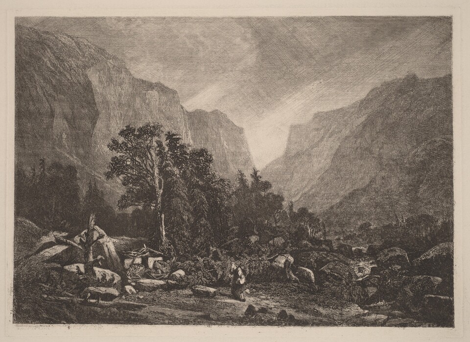 The image shows a landscape with a valley surrounded by mountains. Light filters through the mountains, highlighting their surfaces. The artwork is in monochrome, depicting rocky terrain and foliage with textures and cross-hatching. Rocks, trees, and a figure are visible in the foreground. The sky is textured with a darker gradient.