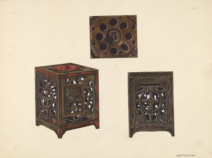 There are three objects shown in the image. The largest object is a cube with carved sides, primarily dark brown with hints of red. Above and to the left of the cube is a smaller square object with circular cut-outs in a darker brown tone. To the right of the cube, there is a single ornate side panel, matching the design of the cube, with a circular motif in a dark metal shade with hints of red and blue. The color palette includes shades of brown, red, and blue, giving a metallic appearance. The cube is in the lower left area, the square piece is above it, and the side panel is to the right, slightly below the level of the smaller square.