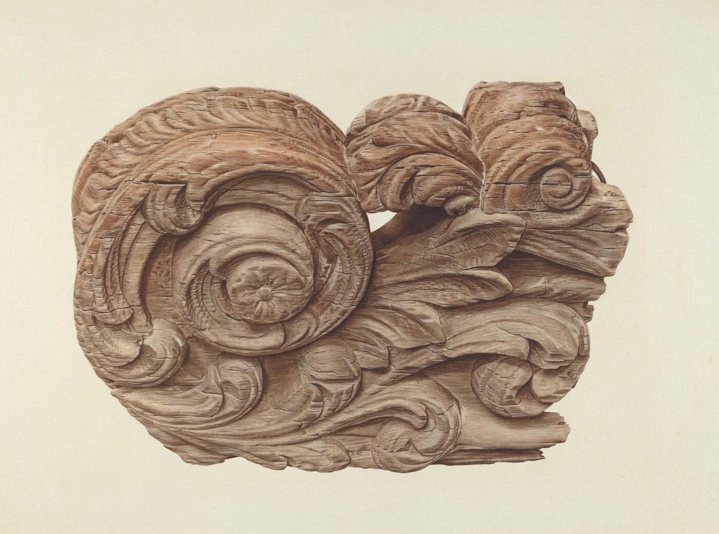 The sculpture has intricately carved swirling patterns and leaf-like elements. It is made of wood with a natural grain texture and varying shades of brown. The craftsmanship includes layers for depth and complexity. It could be an ornate architectural ornament.