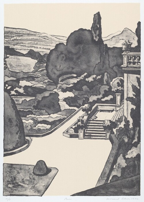 The image shows a landscaped area with architectural elements. The horizon line is high, showing distant hills and layered terrains with cloud-like formations. In the foreground, there is a paved area leading to stairs on the right, surrounded by bushes and a balustrade. In the middle, there is a rounded bush or topiary on a dark path. The artwork uses intricate linework and hatching to create texture and tonal variation in black and gray tones. The color palette is monochromatic, focusing on light and dark contrast.