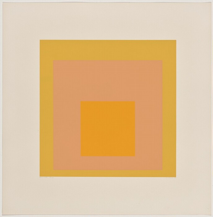The image shows a series of nested squares with clean, straight lines creating a layered effect. The squares use varying warm colors, with each square a different size. The central square is a vibrant golden orange, surrounded by progressively larger squares in softer shades of peach and mustard yellow. The overall image is an exploration of geometric forms and color contrasts.