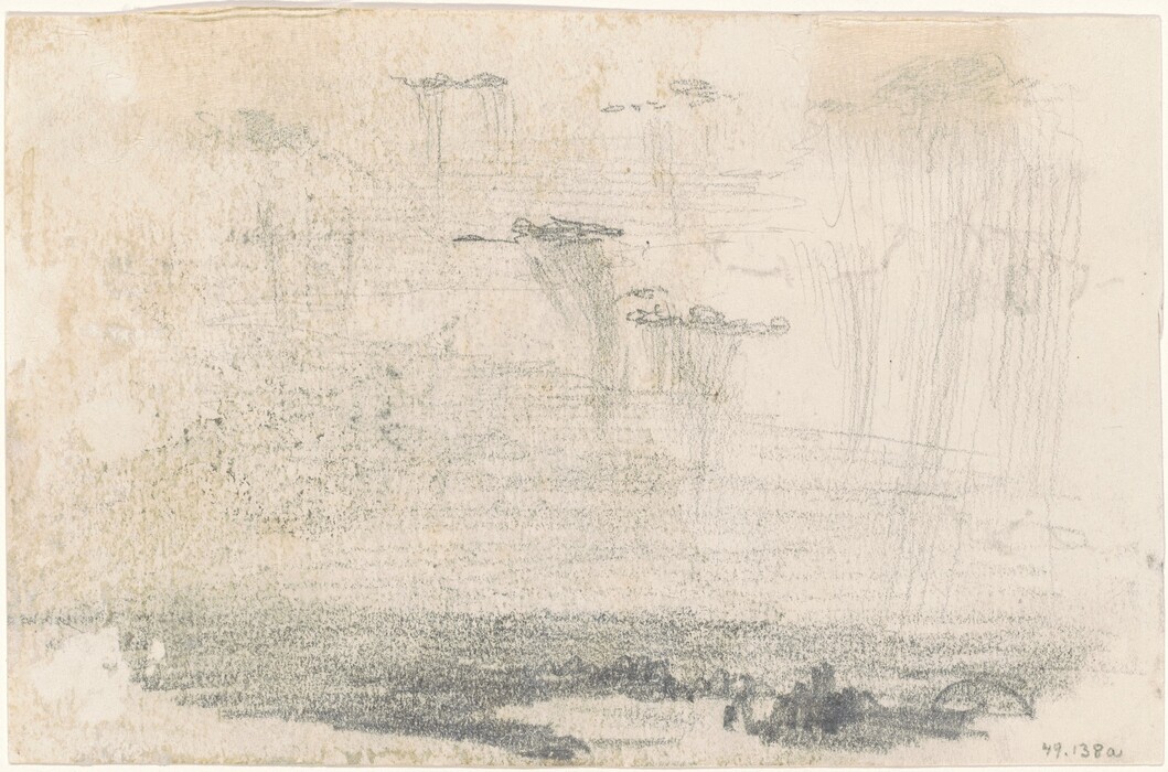 The image shows a sketch of land under a cloudy sky. The horizon is visible near the lower edge, where the land meets the sky. Some clouds have streaks suggesting rain. The sketch is detailed with pencil lines, showing the textures of clouds and land. The color scheme is primarily grayscale. Darker forms in the foreground may represent vegetation or terrain. Farther away, the horizon is subtly shaded with the sky above.