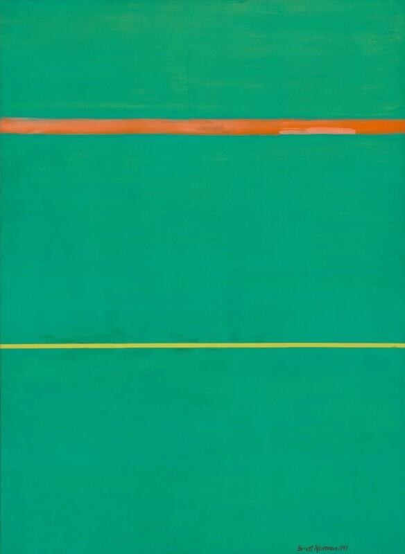A solid field of shamrock green is divided by a pumpkin-orange line a quarter of the way down from the top and a crisp, canary-yellow line about a third of the way up the bottom in this abstract, vertical painting. The artist signed and dated in the lower right, “Barnett Newman 1949.”