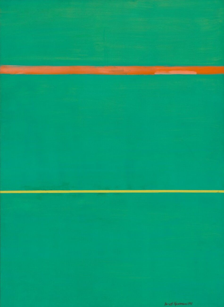 A solid field of shamrock green is divided by a pumpkin-orange line a quarter of the way down from the top and a crisp, canary-yellow line about a third of the way up the bottom in this abstract, vertical painting. The artist signed and dated in the lower right, “Barnett Newman 1949.”