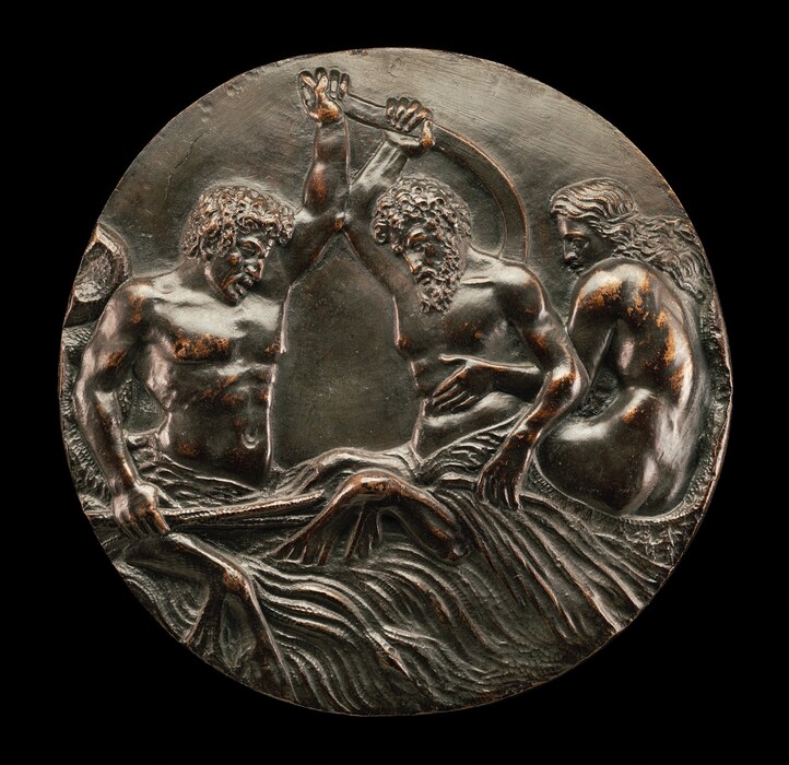 The sculpture is a roundel depicting three muscular male figures engaged in action within a dynamic environment. Two figures in the foreground have curly hair and beards, wielding a tool or weapon, while the third figure sits to the right. The figures appear to be in confrontation or collaboration, suggesting movement and activity. The sculpture is made of a dark metallic material, likely bronze, exhibiting a brownish color with subtle patina highlights. The artwork is intricately carved, capturing the human form and implied motion with lifelike precision.