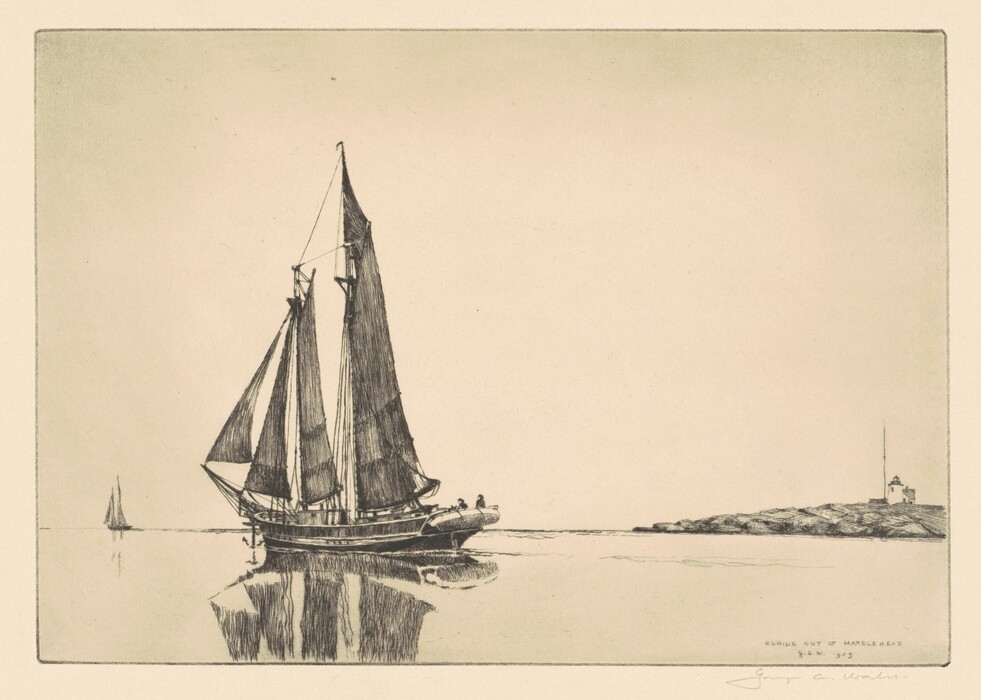 The image displays a maritime scene with a sailboat sailing across calm waters. One larger sailboat is on the left, with detailed rigging and sails. A small lighthouse on a rocky island and a distant sailboat can be seen. The sky above is expansive, and the artwork uses fine lines and textures to create a serene atmosphere.