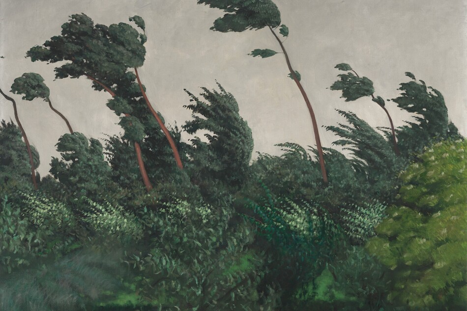 Tall trunks and the canopies trees sweep to our left in a stiff wind in this horizontal landscape painting. The bottom half of the canvas is packed solid with leafy trees. Several spindly trunks shoot high above the canopy against a sky mottled with a sheet of pale gray clouds. The artist signed and dated the painting in the lower left corner, “F. VALLOTTON. 10.”