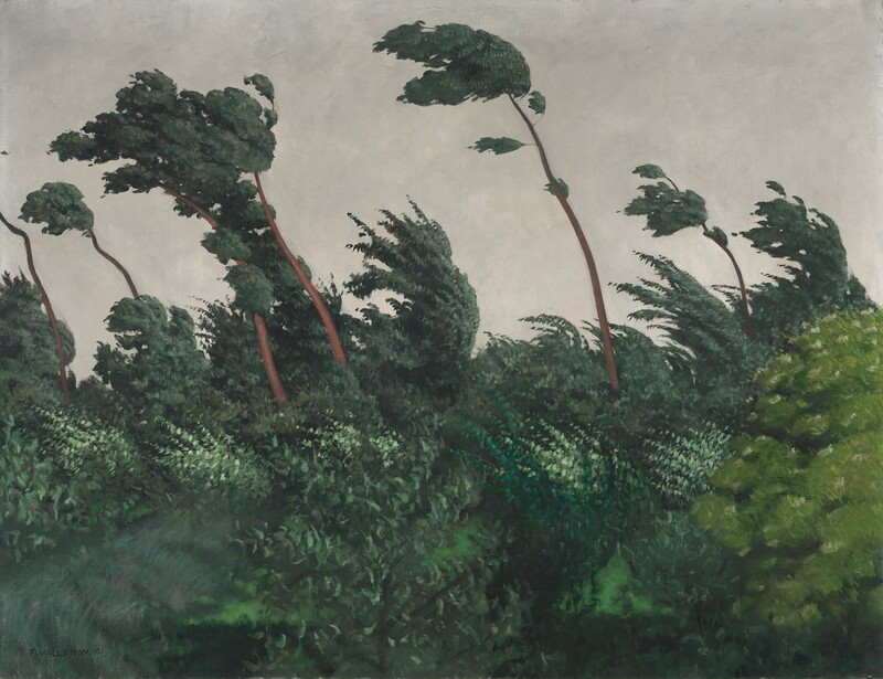 Tall trunks and the canopies trees sweep to our left in a stiff wind in this horizontal landscape painting. The bottom half of the canvas is packed solid with leafy trees. Several spindly trunks shoot high above the canopy against a sky mottled with a sheet of pale gray clouds. The artist signed and dated the painting in the lower left corner, “F. VALLOTTON. 10.”