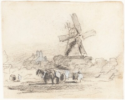 A Cart with Two Horses near a Windmill