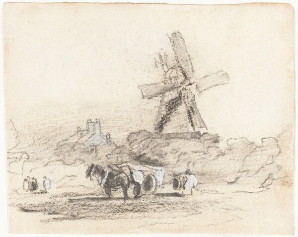 A Cart with Two Horses near a Windmill