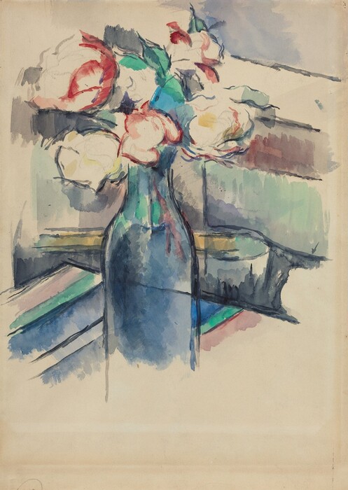 A bouquet of at least six red and pink-edged white flowers in a blue bottle is at the center of this vertical, still-life watercolor. Some petals are picked out with blue-gray lines, and the blooms are touched with areas of golden yellow, emerald green, and sky blue around a graphite sketch. The bottom portion of the bottle itself fades away with sketchy lines and washes about three-quarters of the way down the painting. The space behind the flowers is painted with loose strokes making widely spaced, overlapping, diagonal bands filled in with frosty green, mauve pink, smoky pale purple, and muted blue. Another set of bands angling into the composition from the left edge could represent the corner of a table.