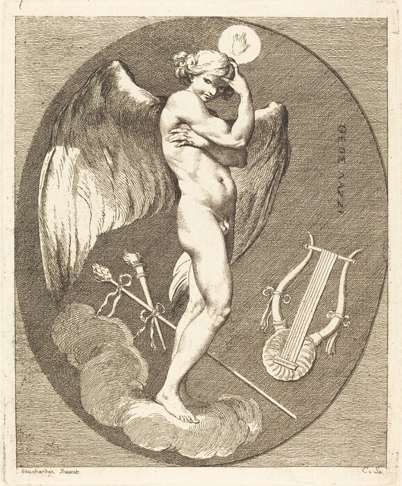 This is a drawing of a winged figure standing on a cloud holding a staff. The figure is nude with one arm crossing their body and the other raised to touch their hair. The figure has one foot balanced on a cloud. Beside the figure are a staff, a bow, and a lyre on the ground. In the background is an oval frame with detailed hatching for depth. The figure's gaze is towards a floating emblem resembling a hand or flame in a circle. The drawing is intricately detailed with fine lines as seen in engraving.